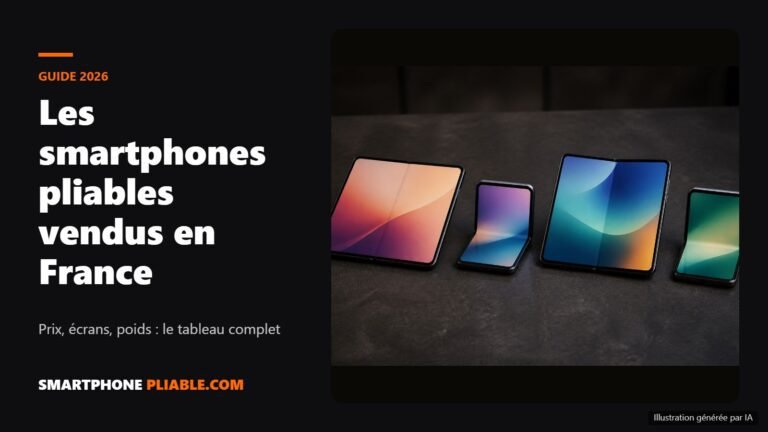 Quatre smartphones pliables, au format livre et à clapet, posés côte à côte sur une table sombre