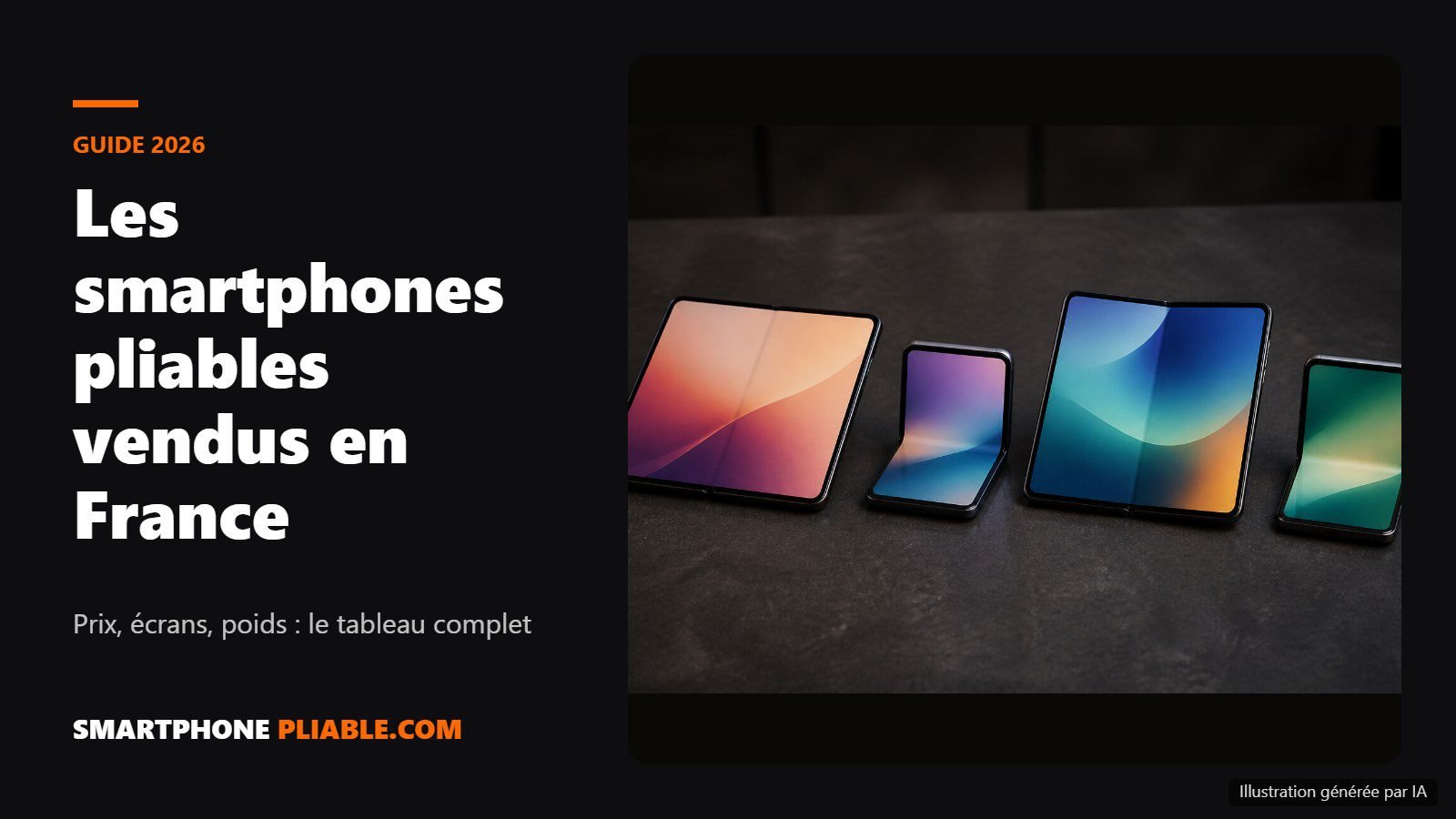 Quatre smartphones pliables, au format livre et à clapet, posés côte à côte sur une table sombre